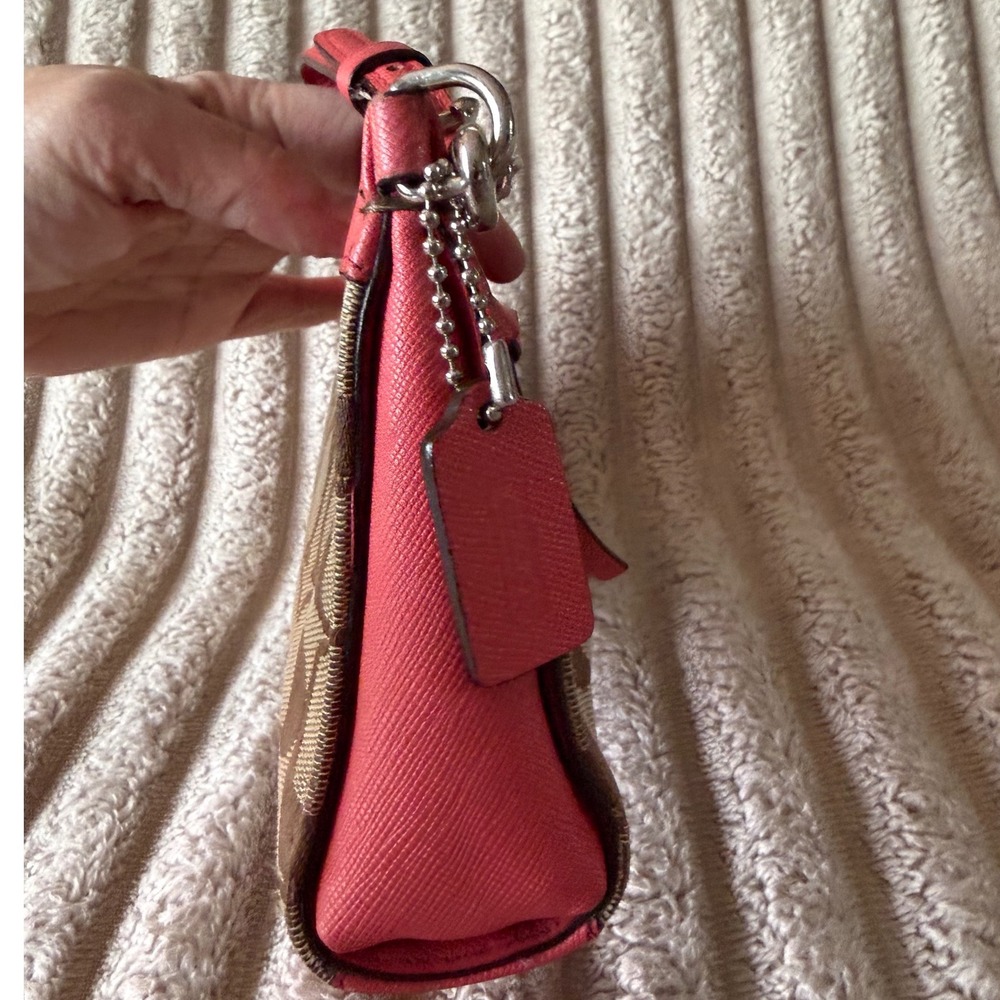 Coach Signature Canvas Saffiano Leather Wristlet Coral Pink Khaki 52860 - Picture 12 of 15